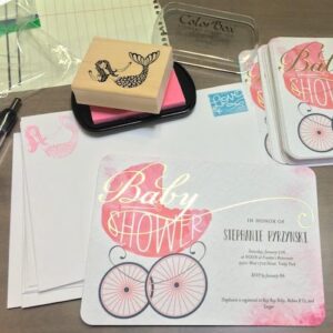 tinyprints Baby Shower Pink Stroller Gold and Watercolor Invitation Cards