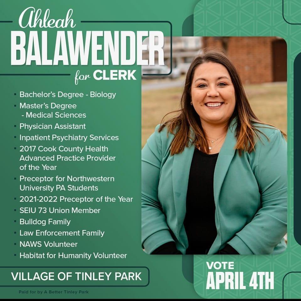 Ahleah Balawender for Clerk candidate campaign info card