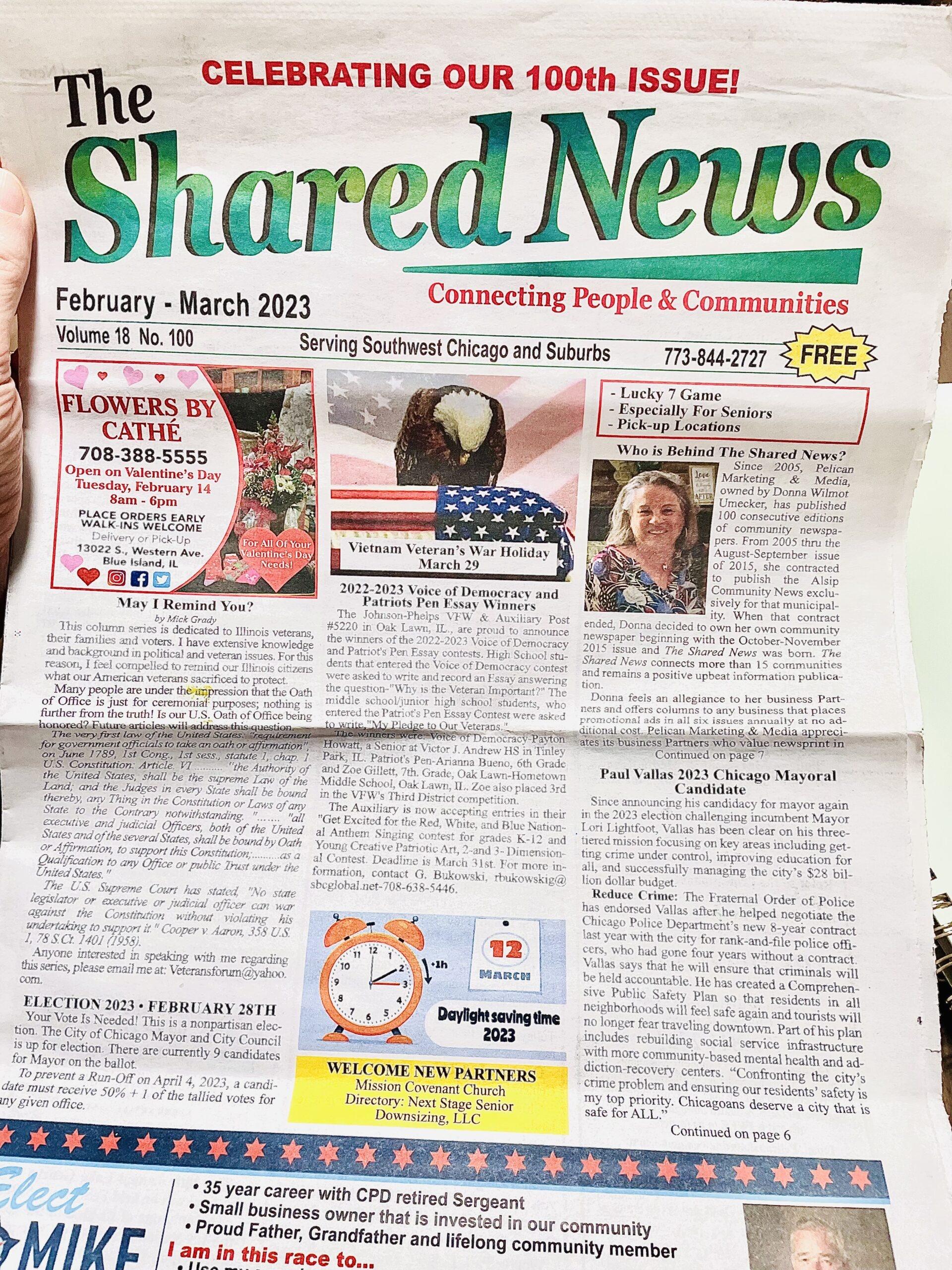 Chicago Southwest Suburbs Local Newspaper The Shared News 100th Issue February March 2023 Donna Wilmot Umecker