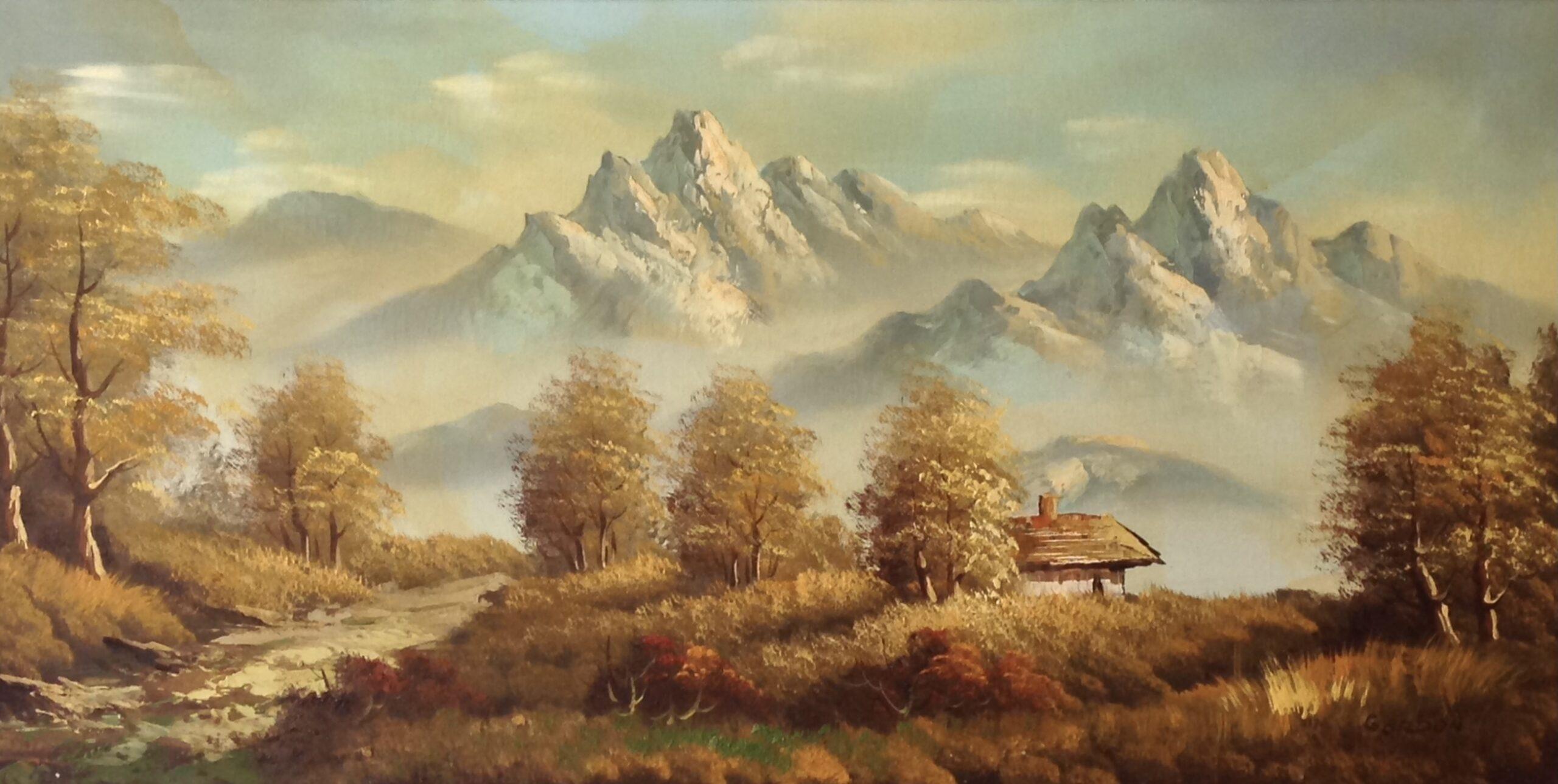 Oil, Mountain Landscape with Village Cottage by Gordon Lees.