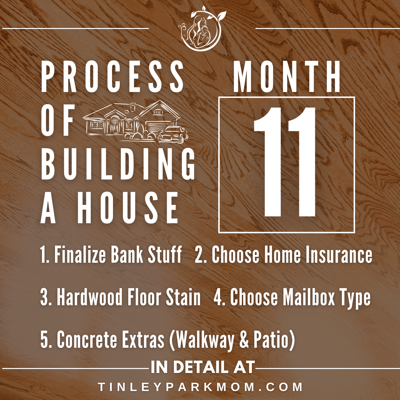 PROCESS OF BUILDING A HOUSE 1. Finalize Bank Stuff 2. Choose Home Insurance 3. Hardwood Floor Stain 4. Choose Mailbox Type
5. Concrete Extras (Walkway & Patio)
