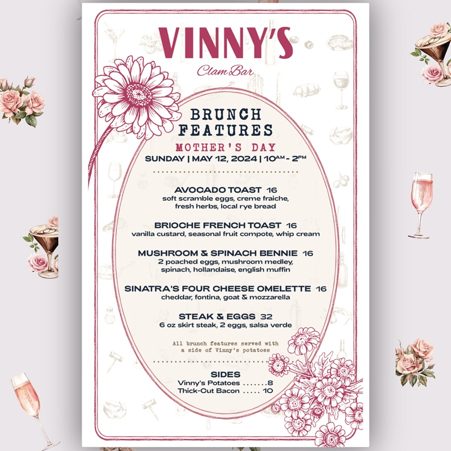 The complete Vinny's Clam Bar Mothers Day Brunch Menu (2024).