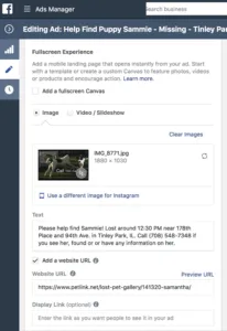 Help Find Sammie Facebook Ads Manager Setup Preview