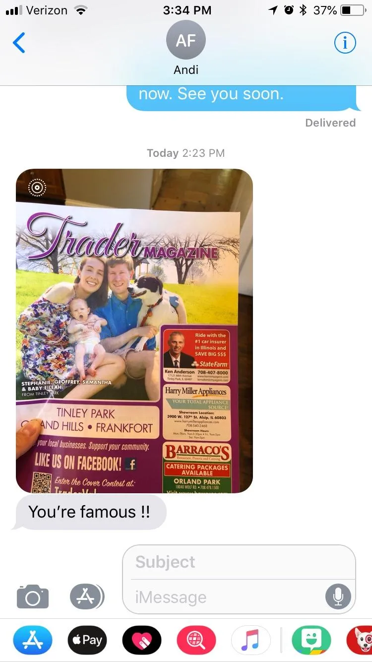 Screenshot from iMessage from mom friend about being on the cover of Traders Magazine July 7, 2018