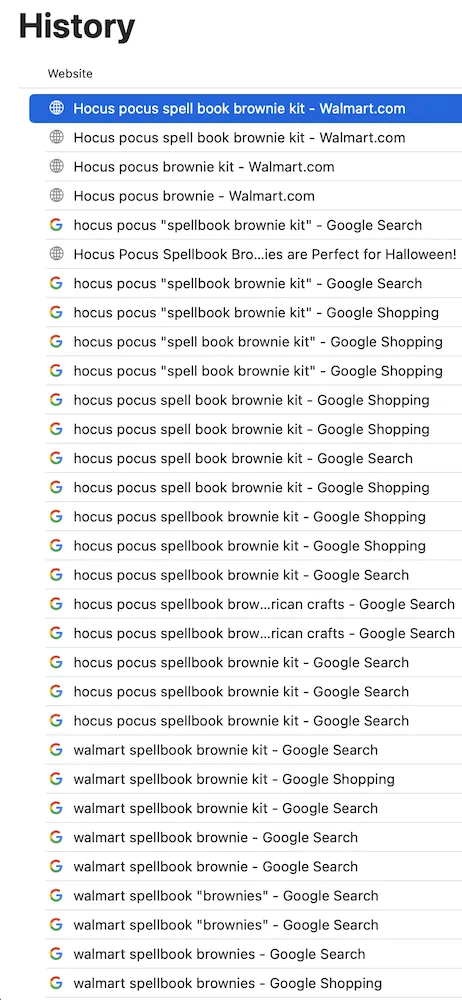 Screen Shot of Hocus Pocus Brownie Kit Search Terms Used in Google 2021-10-09 at 6.30.04 PM