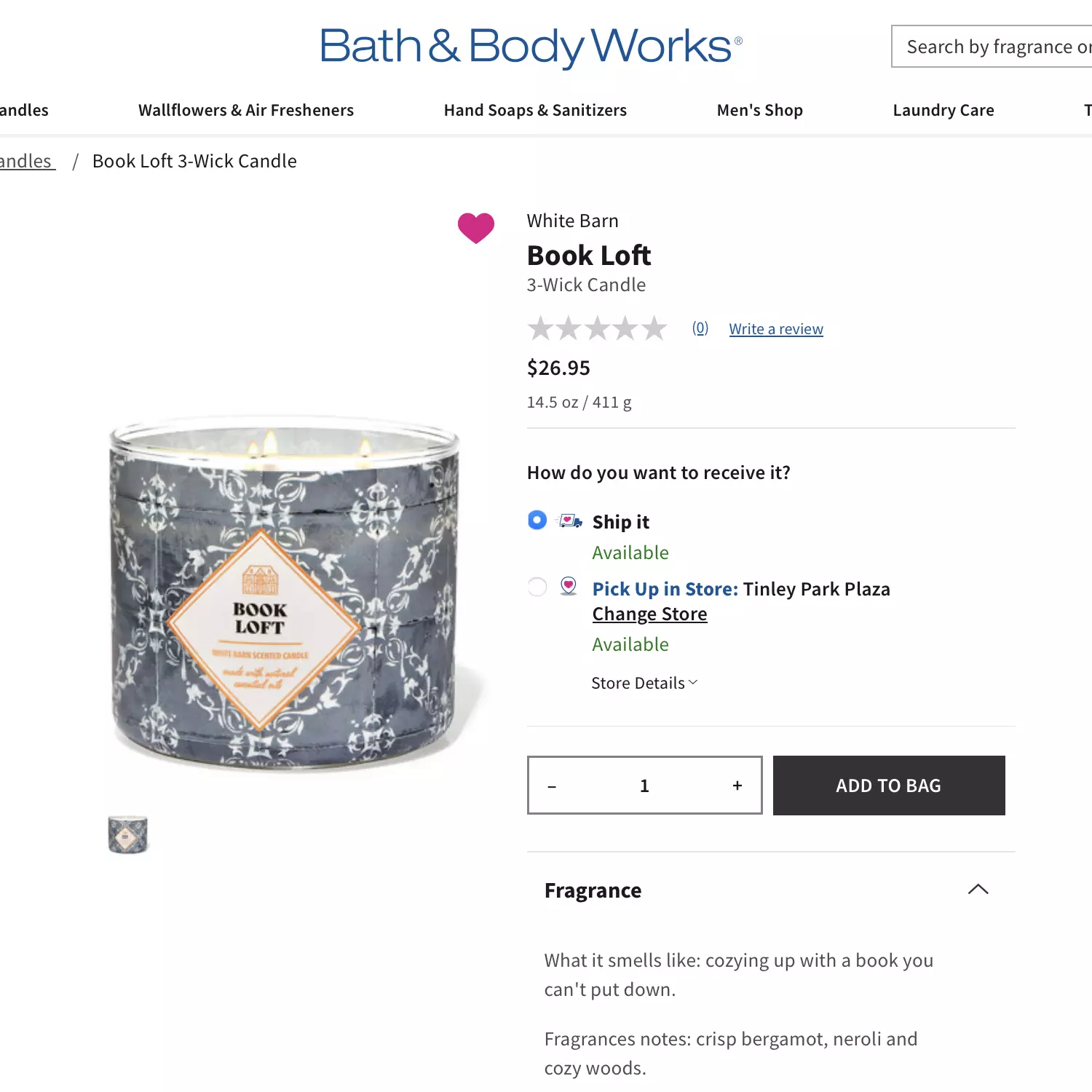 Screen Shot of Book Loft candle - first time on the Bath and Body Works website. January 10, 2024.